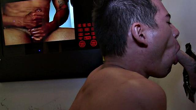 Real straight dude at gloryhole sucked by twink till cum in mouth