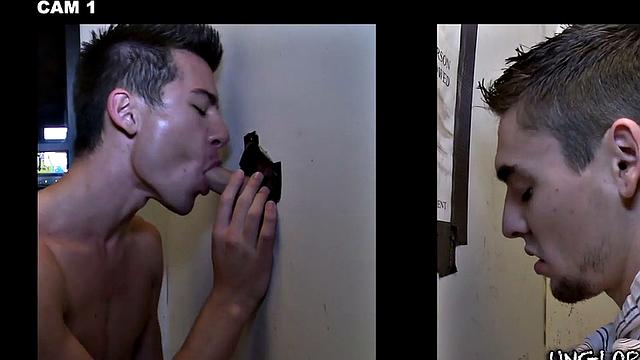 Real straight dude at gloryhole sucked by twink till cum in mouth