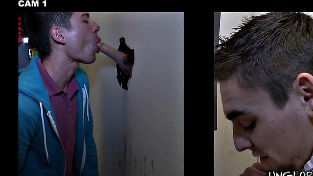 Real straight dude at gloryhole sucked by twink till cum in mouth