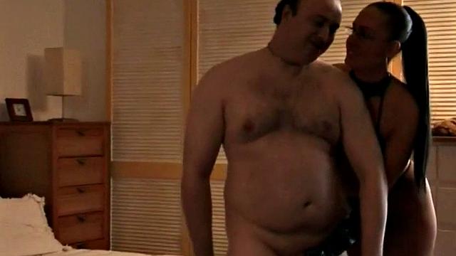 man gts HJ from domina while watching lez sex