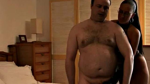 man gts HJ from domina while watching lez sex