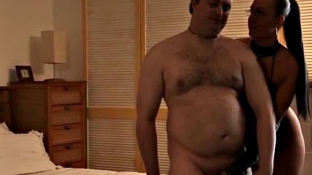 man gts HJ from domina while watching lez sex