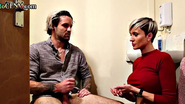 Dirtytalking MILF passionately wanking cock in bathroom