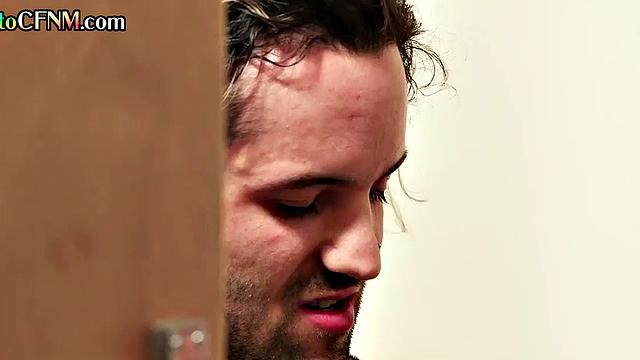 Dirtytalking MILF passionately wanking cock in bathroom