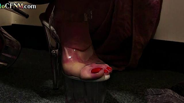 Dirtytalking MILF passionately wanking cock in bathroom