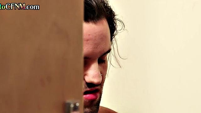 Dirtytalking MILF passionately wanking cock in bathroom