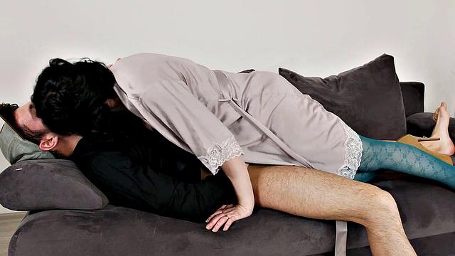 MATURE4K. Mature has sex with her stepson on the grey sofa