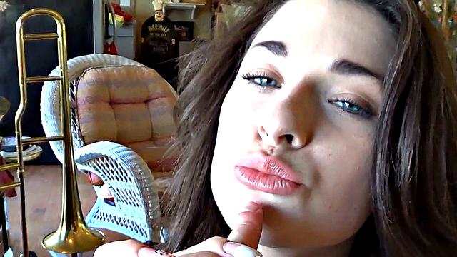 Hot Brunette fingering her pussy hard and closeup