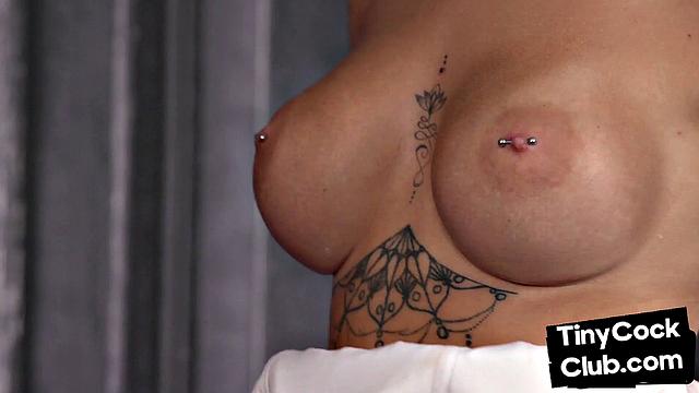 Busty amateur femdom bride jerking small cock of her husband