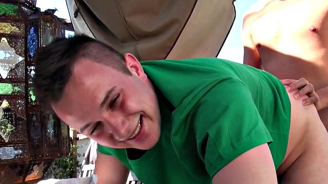 Outdoor bottom fucked doggystyle by BF after cocksucking