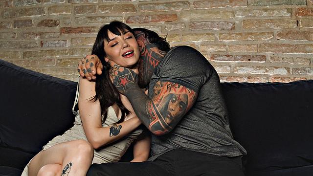 Tattooed fellow plows dark haired babe, making her jizz hard.