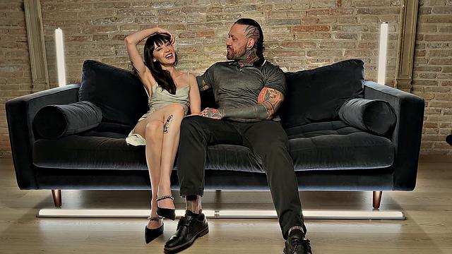 Tattooed fellow plows dark haired babe, making her jizz hard.
