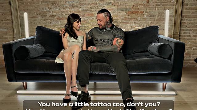 Tattooed fellow plows dark haired babe, making her jizz hard.