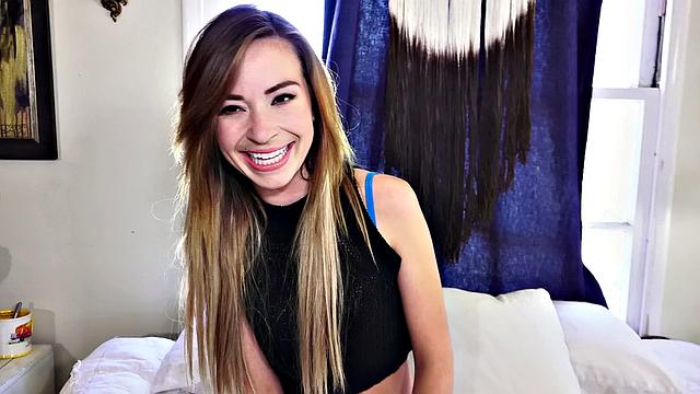 First time tape: a sexy babe with brown hair takes on a big dick in a bedroom