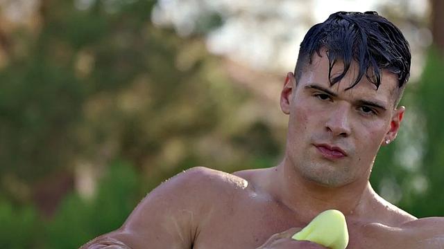 Athletic jock bareback fucks his bottom BF at home.