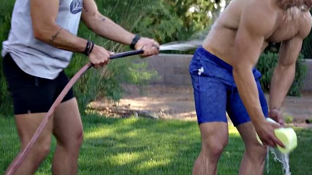 Athletic jock bareback fucks his bottom BF at home.