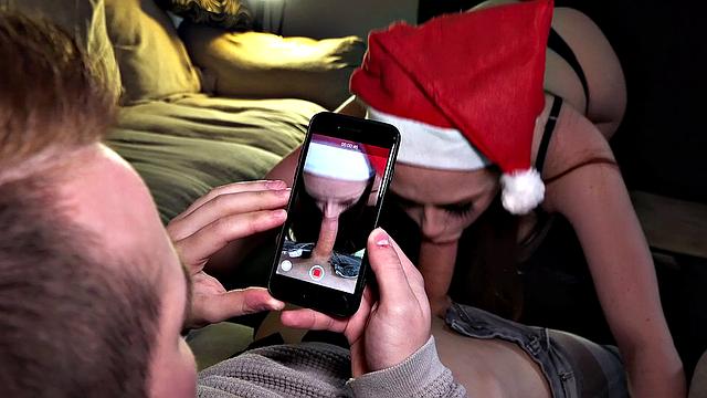 British babe with a trimmed pussy tattoos gives a hot handjob and gets her reverse cowgirl on a Christmas party