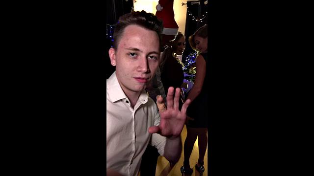 British babe with a trimmed pussy tattoos gives a hot handjob and gets her reverse cowgirl on a Christmas party