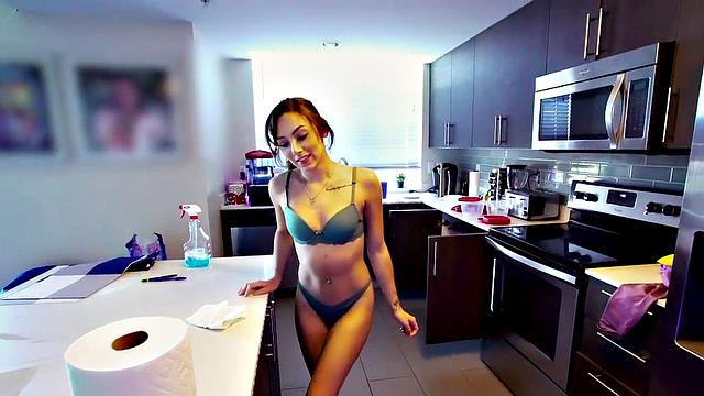 Naughty maid with small tits gets banged hard by client in POV