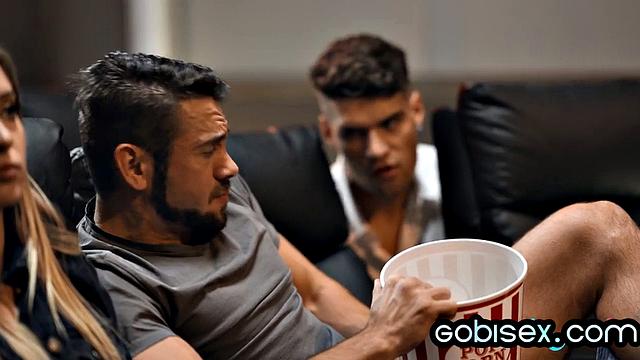 Bisex guys fuck hairy slut in 3some