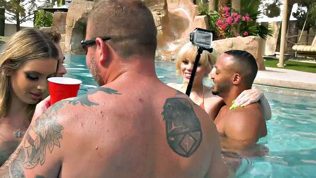 Trans ladies orgy outdoors in IR sex by swimming pool