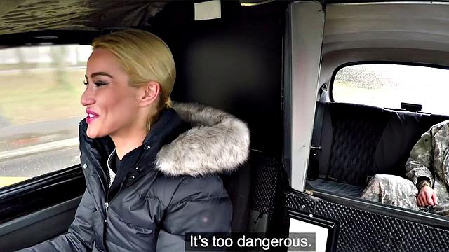 Blonde cabbie in stockings gets her pussy licked before taking a hard missionary ride