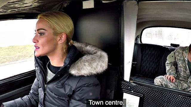 Blonde cabbie in stockings gets her pussy licked before taking a hard missionary ride