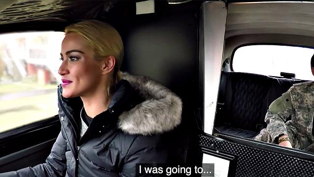 Blonde cabbie in stockings gets her pussy licked before taking a hard missionary ride