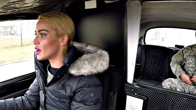 Blonde cabbie in stockings gets her pussy licked before taking a hard missionary ride