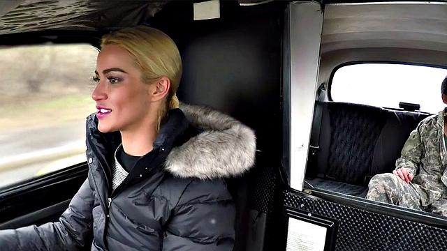 Blonde cabbie in stockings gets her pussy licked before taking a hard missionary ride