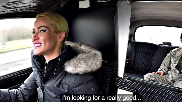 Blonde cabbie in stockings gets her pussy licked before taking a hard missionary ride