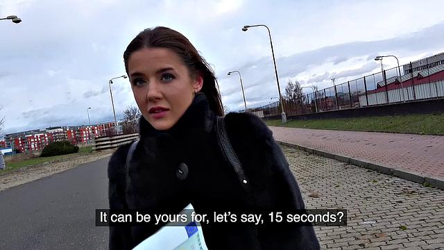Hot babe with brown hair gets her mouth filled with cum and gets a good doggystyle pounding