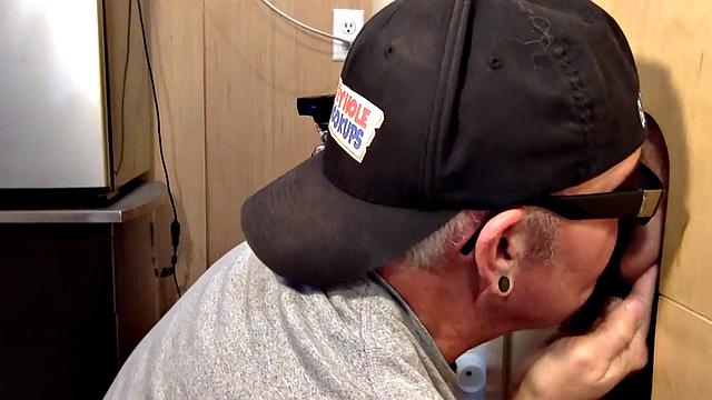 Gloryhole amateur eats cum after BJ and HJ action