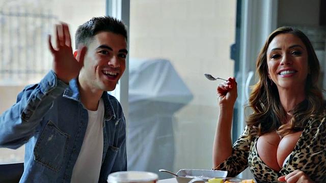 Busty milfs cockriding short boyfriend in erotic threesome