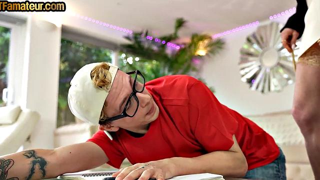 Skinny dominant granny rides dick of lucky stud