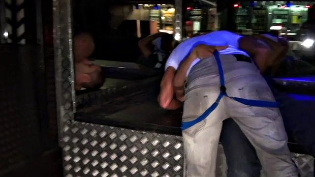 DP anal bottom in sneakers in gay club 3some