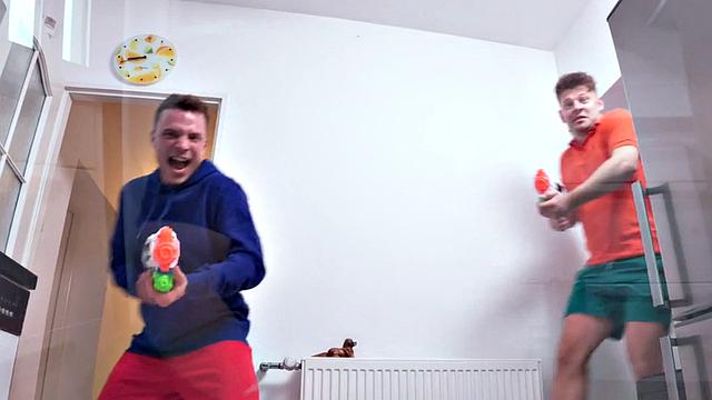 Hostel slut rides cock in FFM 3some after playing game