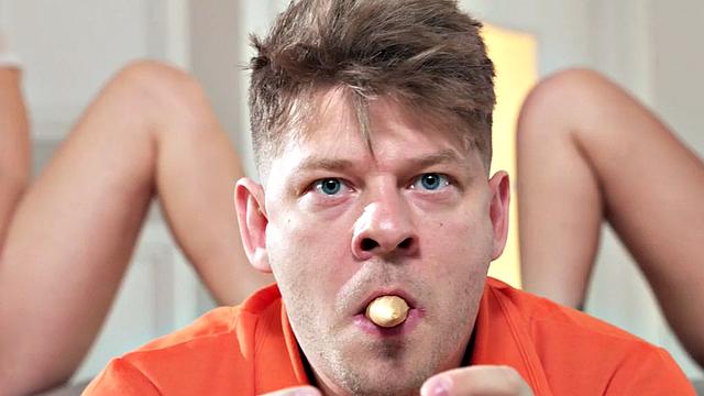 Hostel slut rides cock in FFM 3some after playing game