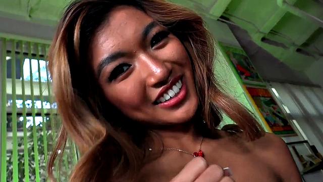 POV Asian babe with boobs rides cock in closeup