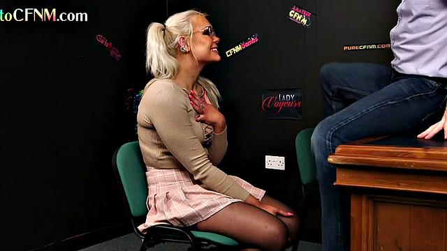 Raunchy CFNM babe sucks boss cock for office job