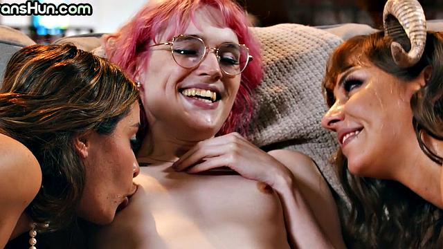 Skinny TS babe in lingerie fucks GF's pussy in cosplay 3some