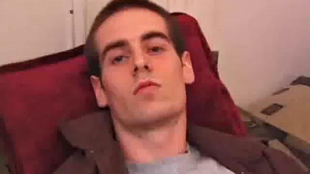 There's some good porn on the TV, so James Shafer decides to beat off. He pulls out his pierced cock and strokes it with determination, until he blows his load all over his chest.