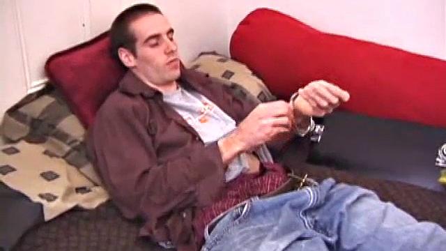 There's some good porn on the TV, so James Shafer decides to beat off. He pulls out his pierced cock and strokes it with determination, until he blows his load all over his chest.