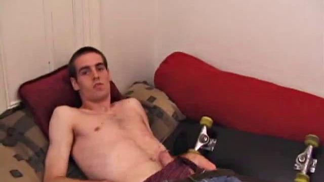 There's some good porn on the TV, so James Shafer decides to beat off. He pulls out his pierced cock and strokes it with determination, until he blows his load all over his chest.
