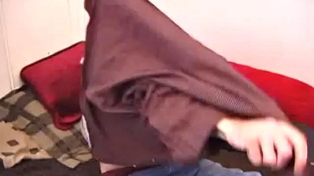 There's some good porn on the TV, so James Shafer decides to beat off. He pulls out his pierced cock and strokes it with determination, until he blows his load all over his chest.