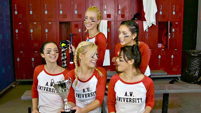 Steamy locker room action with hot brunettes & blonde babes in stockings, pigtails, and strap-ons