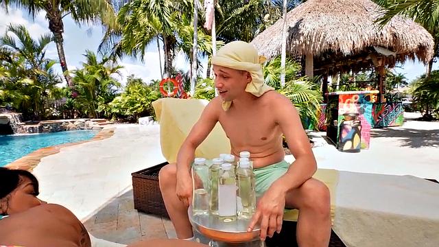 Big ebony babe oiled and fucked by her BF outdoors