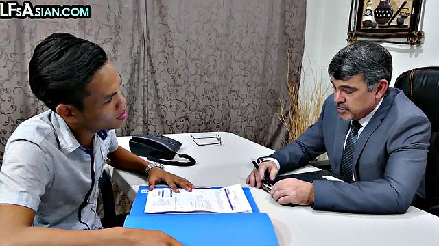 Office white gaydaddy bangs Asian twink in his ass