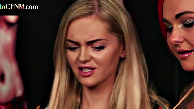 British doms enjoy cock in CFNM group handjob