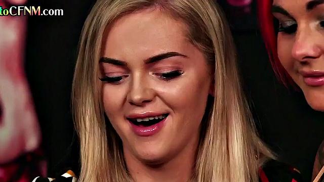 British doms enjoy cock in CFNM group handjob